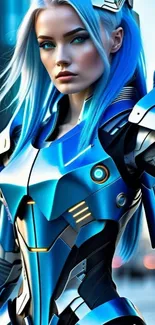 Futuristic blue armor warrior character in sci-fi setting.