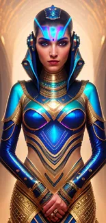 Futuristic woman in blue and gold armor with intricate digital design.