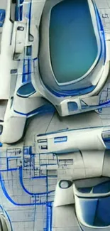 Futuristic blueprint design with blue accents.