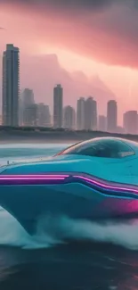 Futuristic neon-lit boat with cityscape and storm.