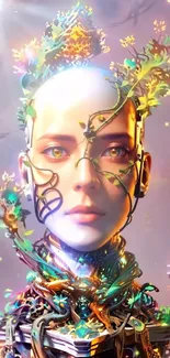 Futuristic humanoid face with botanical elements in vibrant digital art.