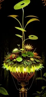 Futuristic botanical fantasy scene with vibrant plants in dark setting.