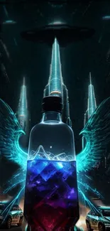 Futuristic glowing winged bottle against a neon cityscape backdrop.