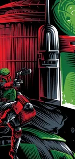 Futuristic sci-fi bounty hunter art with red and green accents on black background.