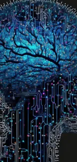 Futuristic brain with circuit pattern on dark background, representing technology fusion.