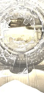 Futuristic city through broken glass portal in steampunk style.