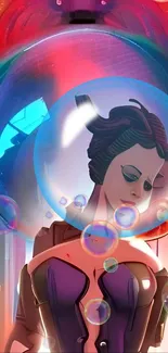 Futuristic art with a dreamy bubble around a serene figure.