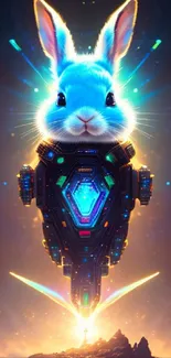 Futuristic neon bunny with glowing lights on a dynamic background.