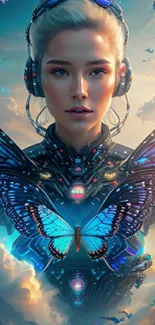 Futuristic woman with butterflies and tech elements in vibrant colors.