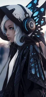 Futuristic character with butterfly wings and headphones in a digital art style.