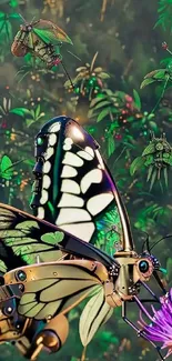 Futuristic butterfly resting on a flower in a digital garden.