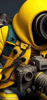 Yellow robotic figure with camera-themed design