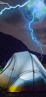 Futuristic scene with lightning, a glowing tent, and Earth in the night sky.