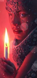 Futuristic portrait in red with candlelight glow.