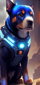 Futuristic dog in glowing suit amid sci-fi landscape.