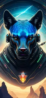 Futuristic neon canine in cosmic landscape with deep blue hues and digital detail.