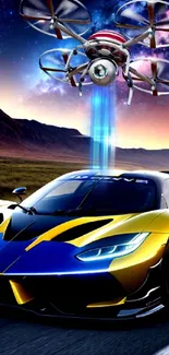 Futuristic sports car with drone under a cosmic sky in vibrant colors.