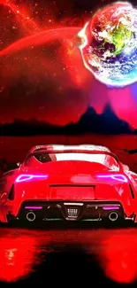 Futuristic red car under a colorful cosmic sky with a planet view.