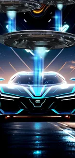 Futuristic neon car under UFOs in dark blue scenery.