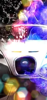 Futuristic car with colorful abstract lights and effects.