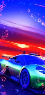 Futuristic car on a vibrant sunset highway wallpaper.