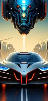 Futuristic car under AI head in sci-fi world.