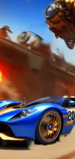 Blue sports car racing with explosive airship in background.