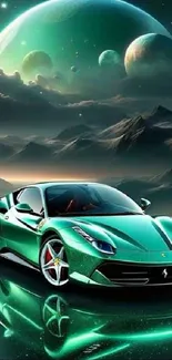 Green sports car with alien planets in the background