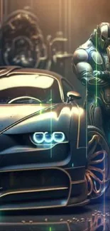 Futuristic car and android in sci-fi art scene