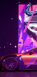 Futuristic car with neon ape art on wallpaper.