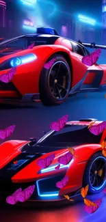 Futuristic red sports cars with neon glow and butterflies in city nightscape.