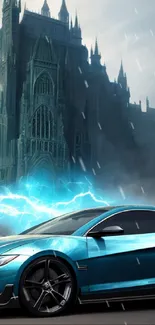 Futuristic car in front of gothic castle with blue lightning.