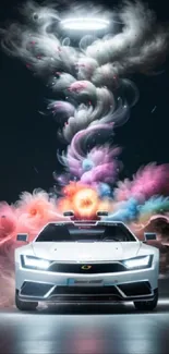 Futuristic car with swirling colorful clouds in a digital wallpaper.