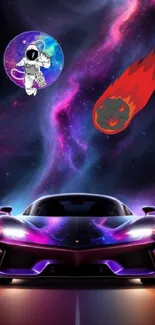 Futuristic car with cosmic background, astronaut, and meteor in vibrant space scene.