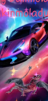 Futuristic car with a dragon in a cosmic neon scene, perfect for wallpaper.