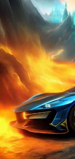 Futuristic car in a fiery orange fantasy landscape with glowing blue details.