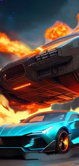 Futuristic car with flames creating a dynamic and vibrant visual impact.