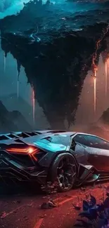 Futuristic car underneath a dramatic floating island.