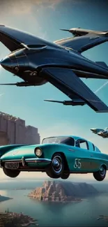 Futuristic scene with a vintage car and jets over a canyon.