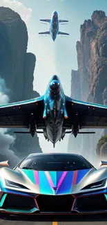 Futuristic car and jets with cliffs in vibrant colors.