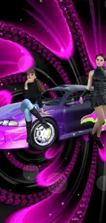 Futuristic car wallpaper with models and vibrant abstract design.