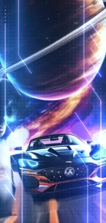 Futuristic car racing with a planet in the background.