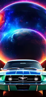 Classic car with vibrant planets in a cosmic background.