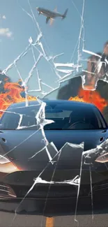 Futuristic car with shattered glass effect in a dynamic scene.