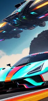 Futuristic race car and spaceship art in vibrant colors.