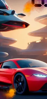 Futuristic wallpaper featuring a sleek red car and hovering spaceships.