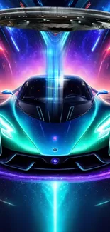 Futuristic neon car with UFO hovering above, set against a vibrant cosmic background.