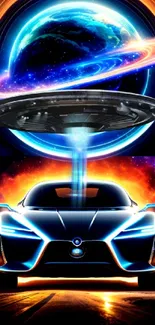 Futuristic car and UFO with glowing cosmic background and Earth.