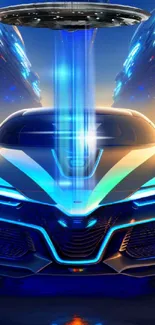 Futuristic car with UFO, vibrant blue light.