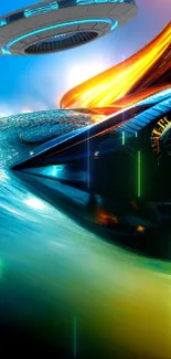 Futuristic car and UFO wallpaper with dynamic blue and orange hues.